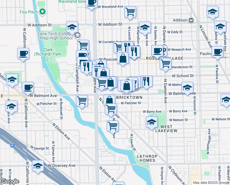 map of restaurants, bars, coffee shops, grocery stores, and more near 3209 North Oakley Avenue in Chicago
