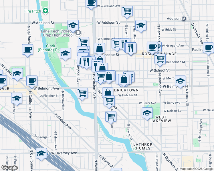 map of restaurants, bars, coffee shops, grocery stores, and more near 2337 West Melrose Street in Chicago