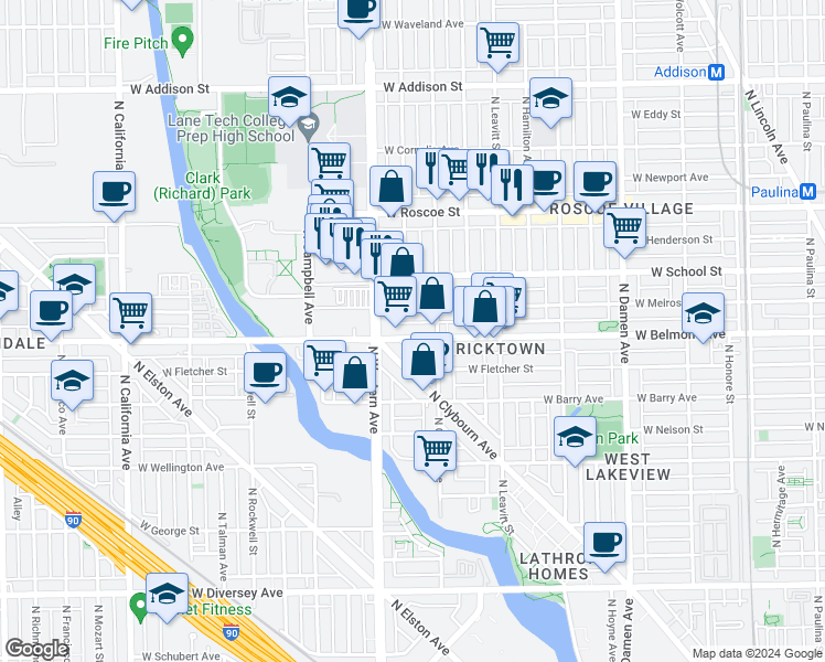 map of restaurants, bars, coffee shops, grocery stores, and more near 2337 West Melrose Street in Chicago