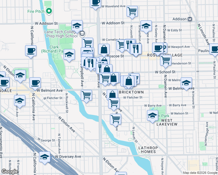 map of restaurants, bars, coffee shops, grocery stores, and more near 2337 West Melrose Street in Chicago