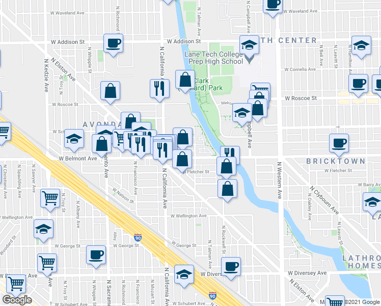 map of restaurants, bars, coffee shops, grocery stores, and more near 2717 West Melrose Street in Chicago