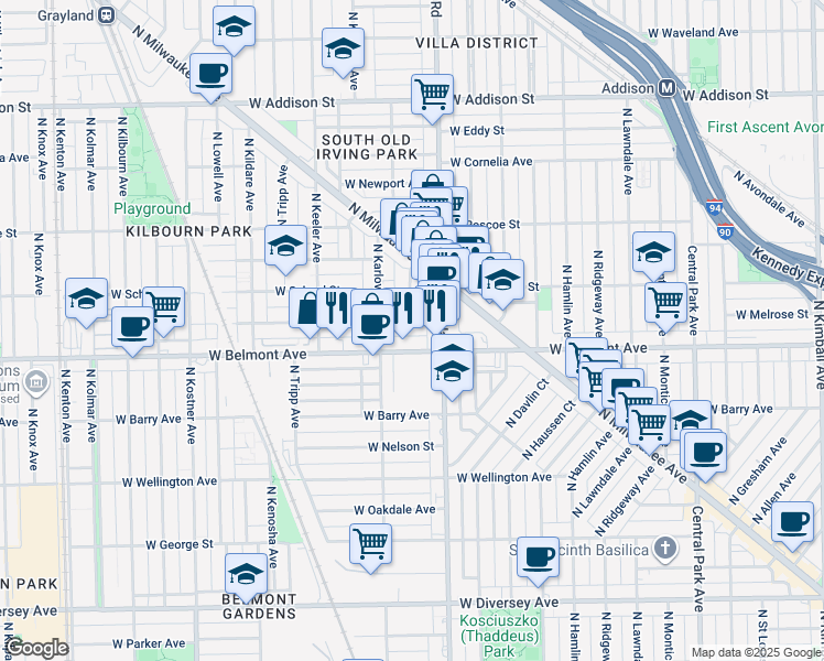 map of restaurants, bars, coffee shops, grocery stores, and more near 4047 West Melrose Street in Chicago