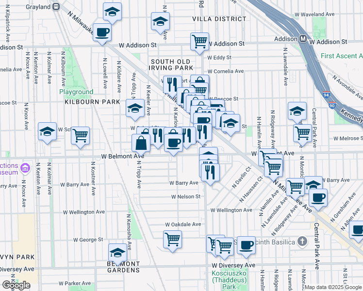 map of restaurants, bars, coffee shops, grocery stores, and more near 4047 West Melrose Street in Chicago