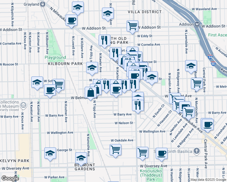 map of restaurants, bars, coffee shops, grocery stores, and more near 4122 West Melrose Street in Chicago