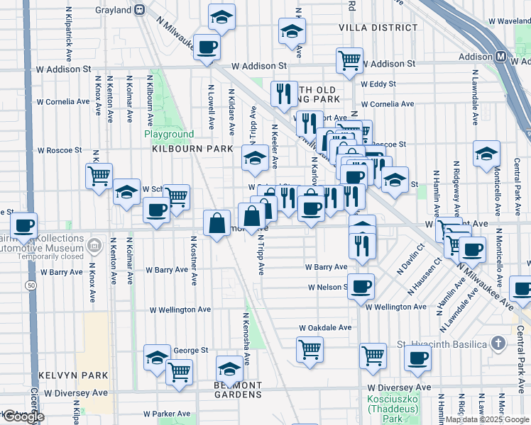 map of restaurants, bars, coffee shops, grocery stores, and more near 3239 North Keeler Avenue in Chicago