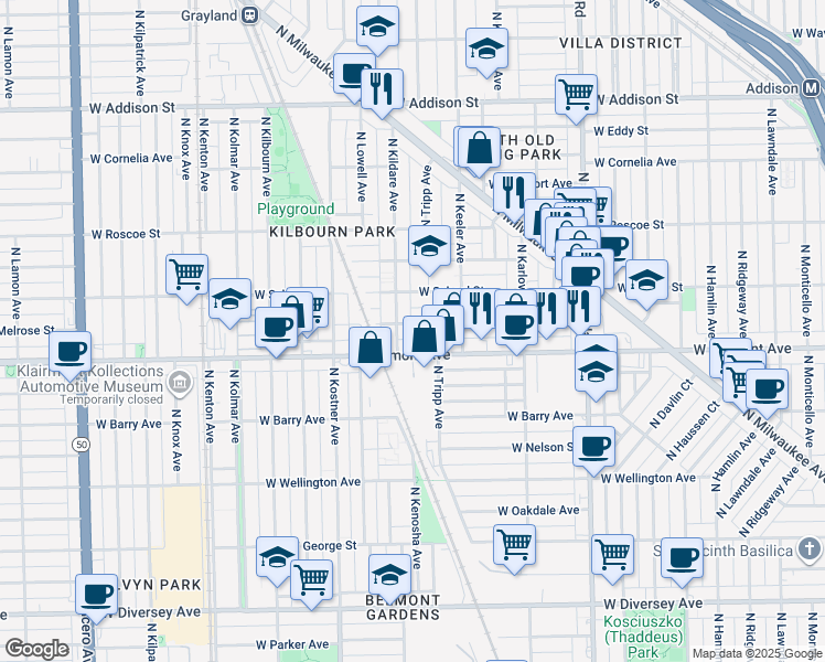 map of restaurants, bars, coffee shops, grocery stores, and more near 4234 West Melrose Street in Chicago