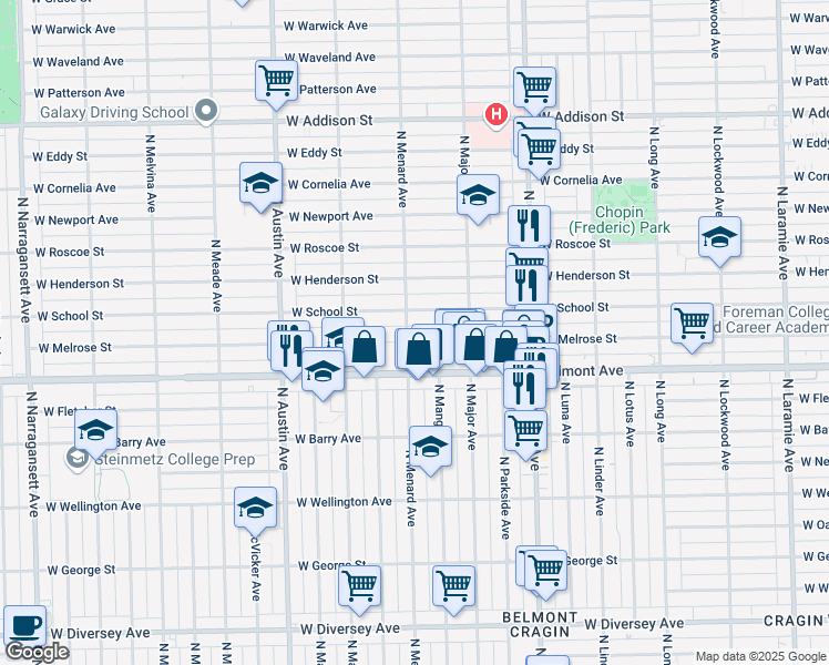 map of restaurants, bars, coffee shops, grocery stores, and more near 5753 West School Street in Chicago