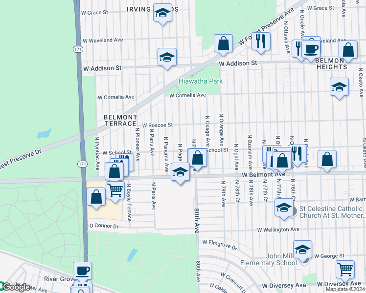 map of restaurants, bars, coffee shops, grocery stores, and more near 3307 North Page Avenue in Chicago
