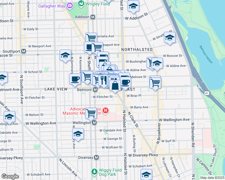 map of restaurants, bars, coffee shops, grocery stores, and more near 901 West Belmont Avenue in Chicago