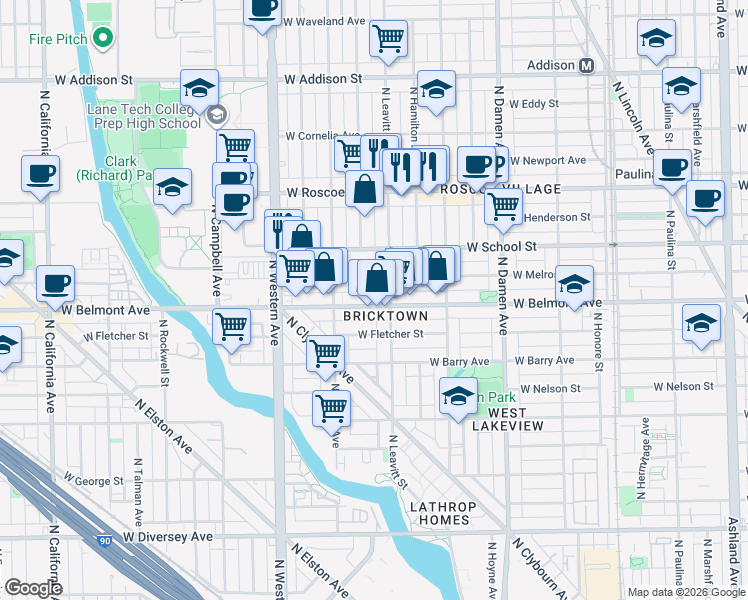 map of restaurants, bars, coffee shops, grocery stores, and more near 2216 West Belmont Avenue in Chicago