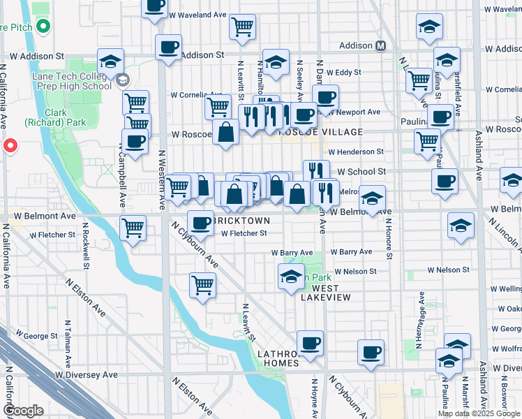 map of restaurants, bars, coffee shops, grocery stores, and more near 2132 West Belmont Avenue in Chicago