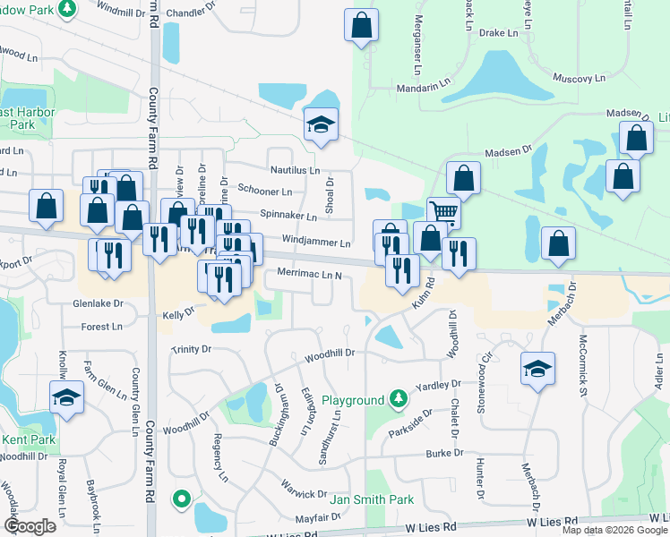 map of restaurants, bars, coffee shops, grocery stores, and more near 1300 Merrimac Lane North in Hanover Park