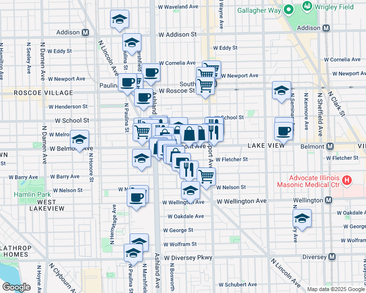 map of restaurants, bars, coffee shops, grocery stores, and more near W Belmont Ave & N Greenview Ave in Chicago
