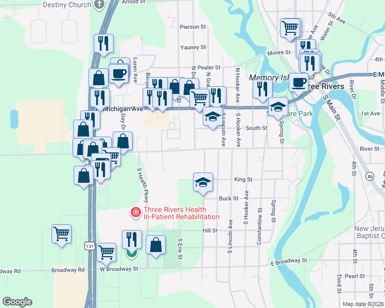map of restaurants, bars, coffee shops, grocery stores, and more near 800 Millard Street in Three Rivers