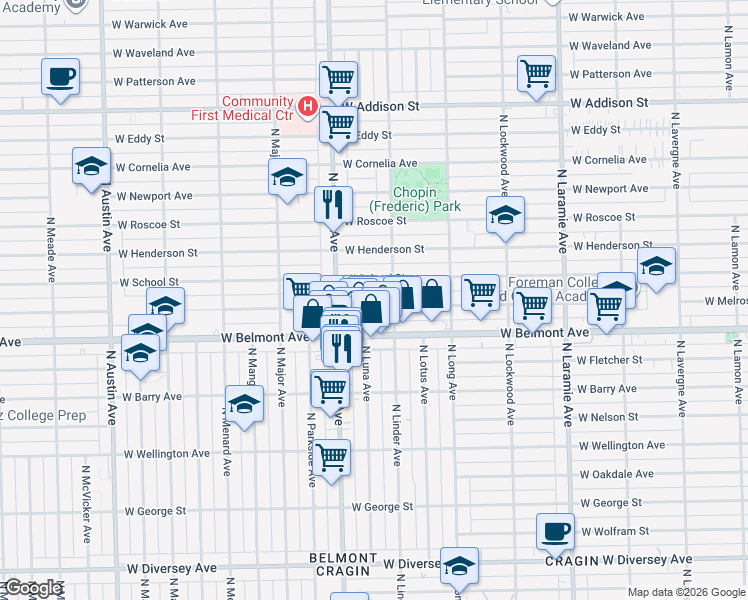 map of restaurants, bars, coffee shops, grocery stores, and more near 5518 West Melrose Street in Chicago