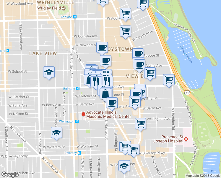 map of restaurants, bars, coffee shops, grocery stores, and more near 736 West Belmont Avenue in Chicago