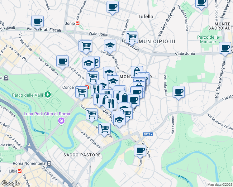 map of restaurants, bars, coffee shops, grocery stores, and more near 18 Viale Carnaro in Roma