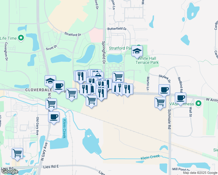 map of restaurants, bars, coffee shops, grocery stores, and more near 355 W Army Trail Rd in Bloomingdale