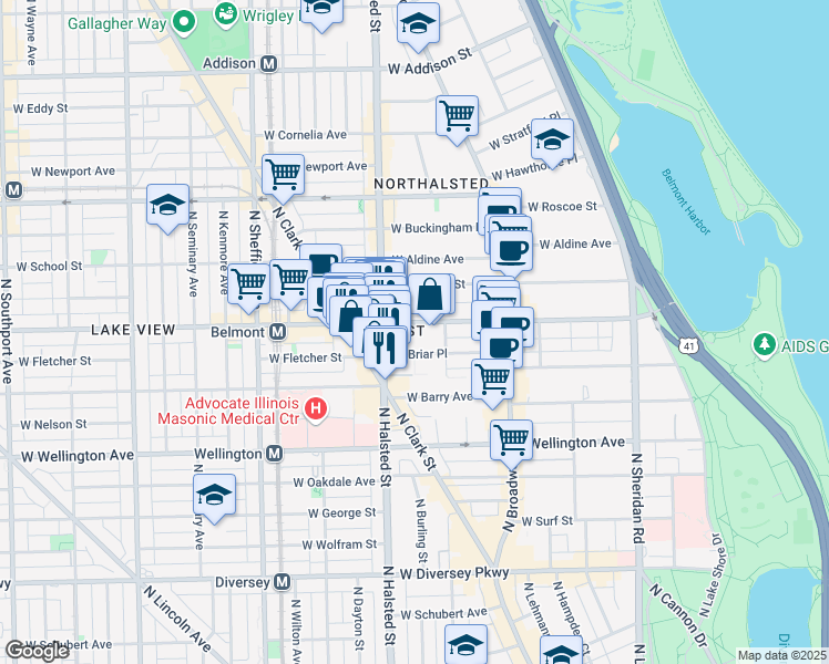 map of restaurants, bars, coffee shops, grocery stores, and more near 727 West Belmont Avenue in Chicago