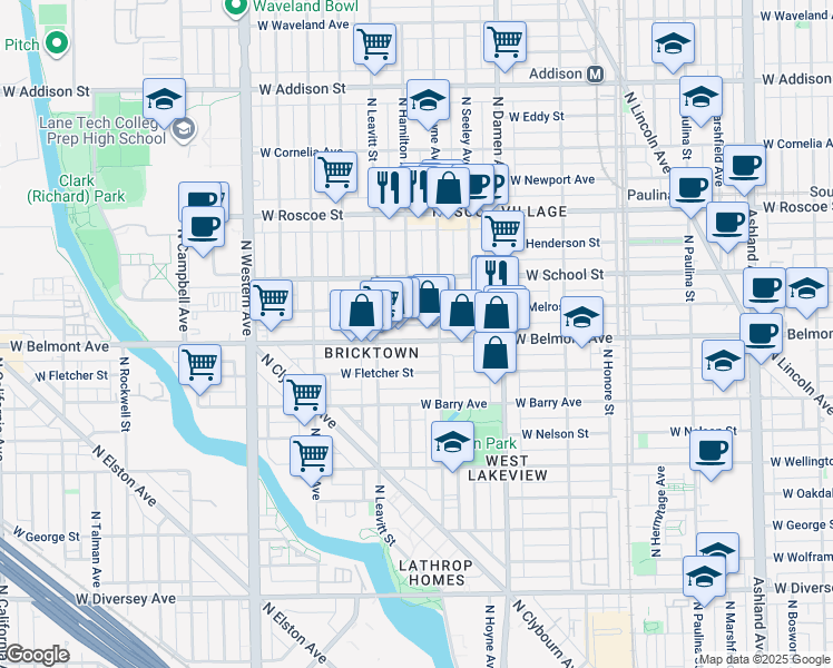 map of restaurants, bars, coffee shops, grocery stores, and more near 2120 West Belmont Avenue in Chicago