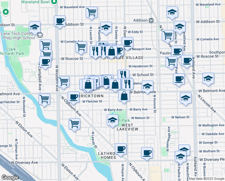 map of restaurants, bars, coffee shops, grocery stores, and more near 3214 North Hoyne Avenue in Chicago