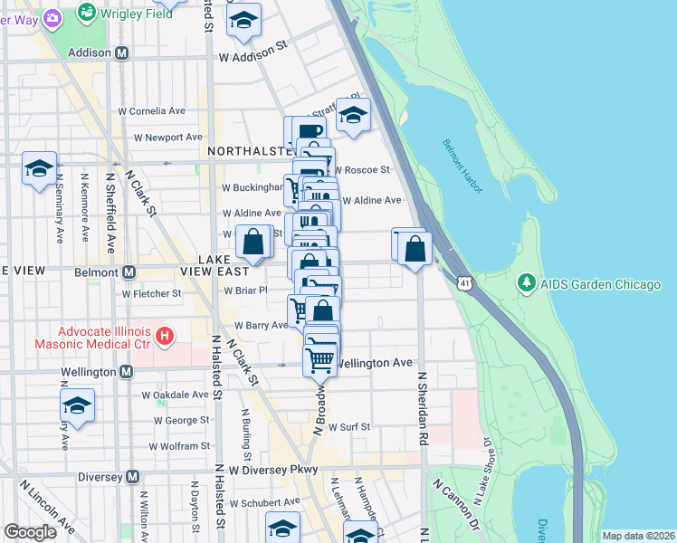 map of restaurants, bars, coffee shops, grocery stores, and more near 3172 North Cambridge Avenue in Chicago