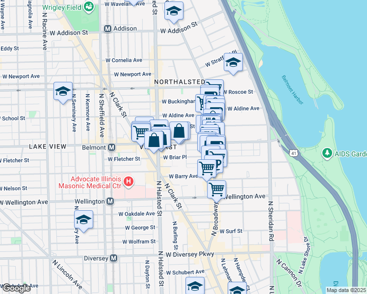 map of restaurants, bars, coffee shops, grocery stores, and more near 701 West Belmont Avenue in Chicago