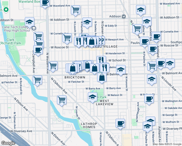 map of restaurants, bars, coffee shops, grocery stores, and more near 3214 North Hoyne Avenue in Chicago