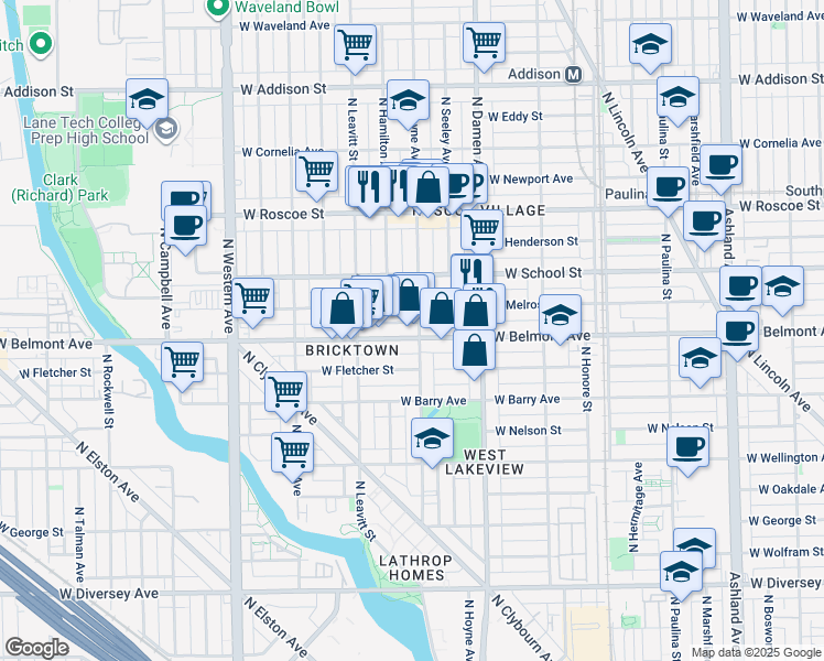 map of restaurants, bars, coffee shops, grocery stores, and more near 3214 North Hoyne Avenue in Chicago