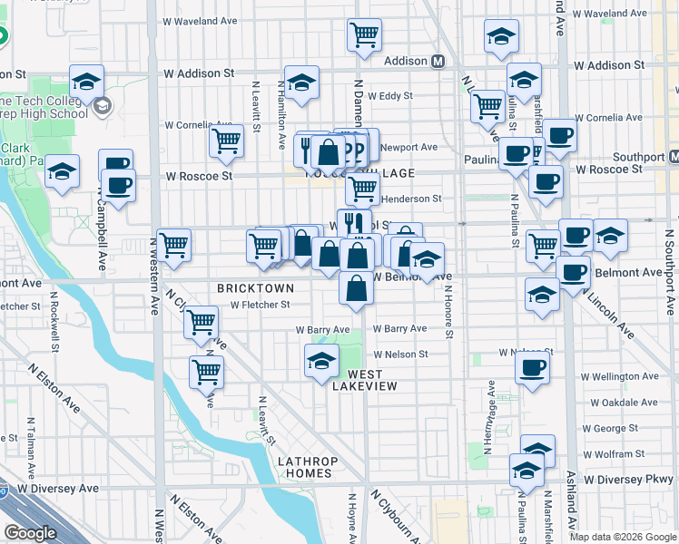 map of restaurants, bars, coffee shops, grocery stores, and more near 2026 West Belmont Avenue in Chicago