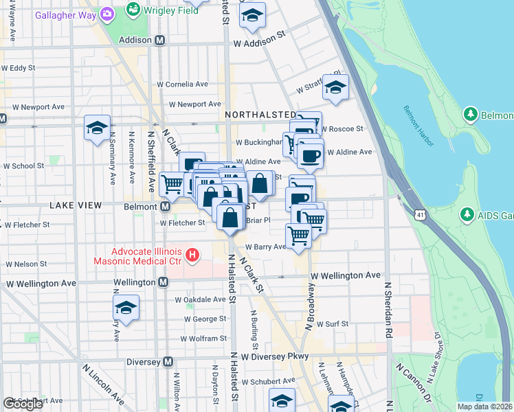 map of restaurants, bars, coffee shops, grocery stores, and more near 727 West Belmont Avenue in Chicago