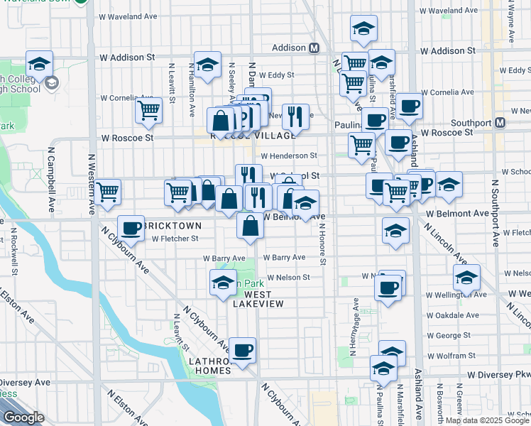 map of restaurants, bars, coffee shops, grocery stores, and more near 1946 West Belmont Avenue in Chicago