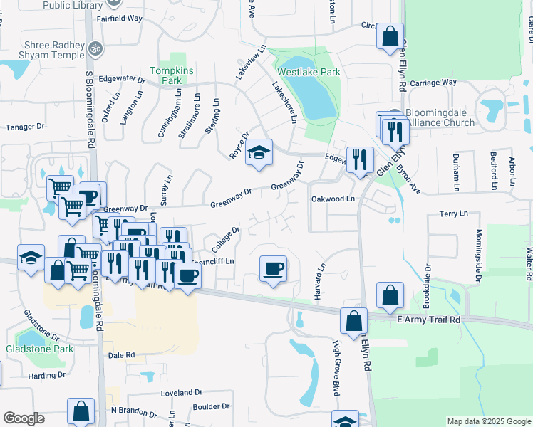 map of restaurants, bars, coffee shops, grocery stores, and more near 312 Lincoln Court in Bloomingdale