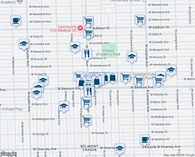 map of restaurants, bars, coffee shops, grocery stores, and more near 5523 West School Street in Chicago