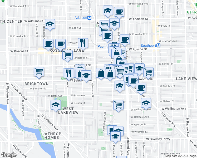 map of restaurants, bars, coffee shops, grocery stores, and more near 3201 North Ravenswood Avenue in Chicago