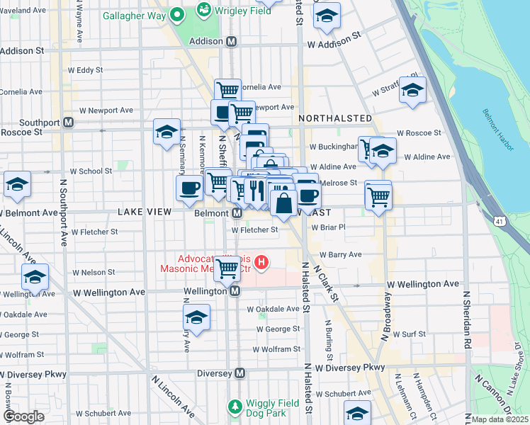 map of restaurants, bars, coffee shops, grocery stores, and more near 901 West Belmont Avenue in Chicago