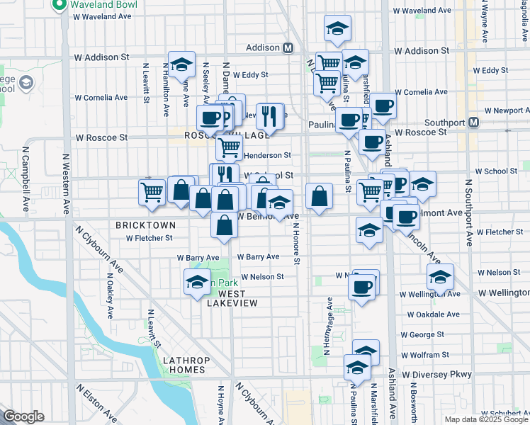 map of restaurants, bars, coffee shops, grocery stores, and more near 1912 West Belmont Avenue in Chicago