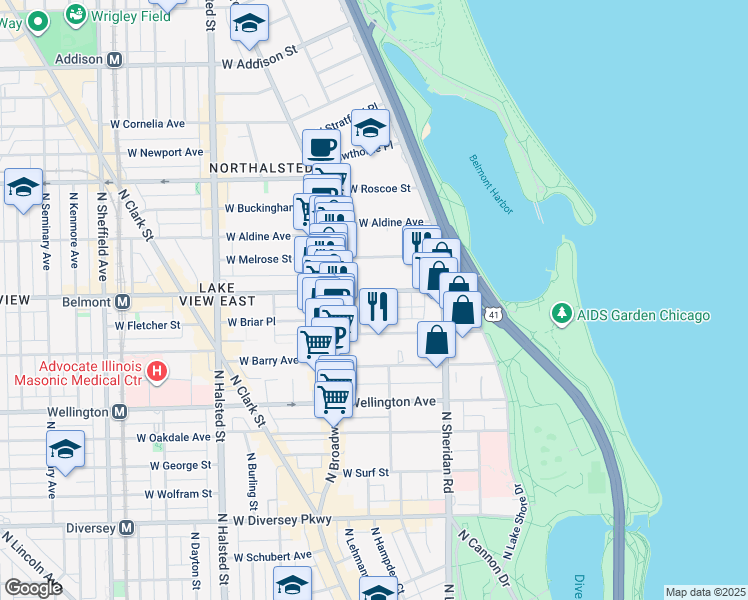 map of restaurants, bars, coffee shops, grocery stores, and more near 511 West Belmont Avenue in Chicago