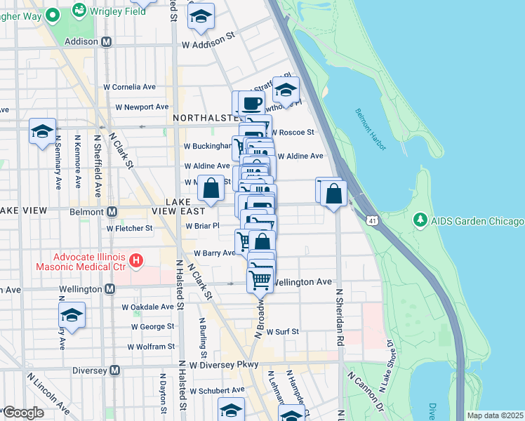 map of restaurants, bars, coffee shops, grocery stores, and more near 535 West Belmont Avenue in Chicago