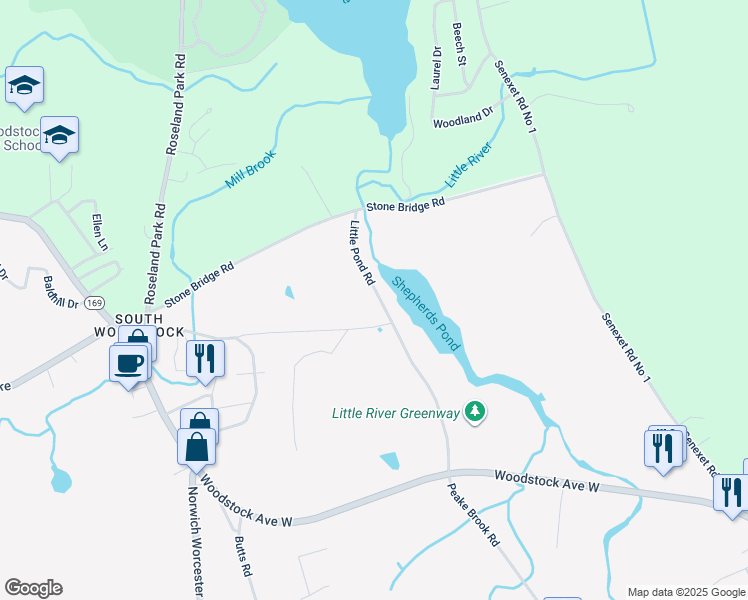 map of restaurants, bars, coffee shops, grocery stores, and more near 82 Little Pond Road in Woodstock
