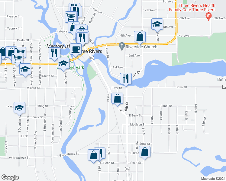 map of restaurants, bars, coffee shops, grocery stores, and more near 308 South Main Street in Three Rivers