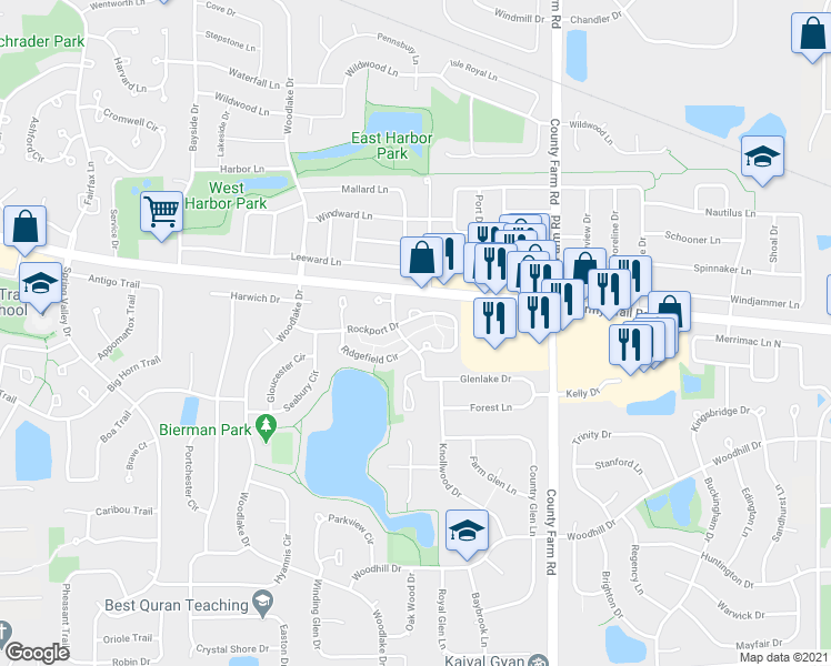 map of restaurants, bars, coffee shops, grocery stores, and more near 1028 Rockport Drive in Carol Stream