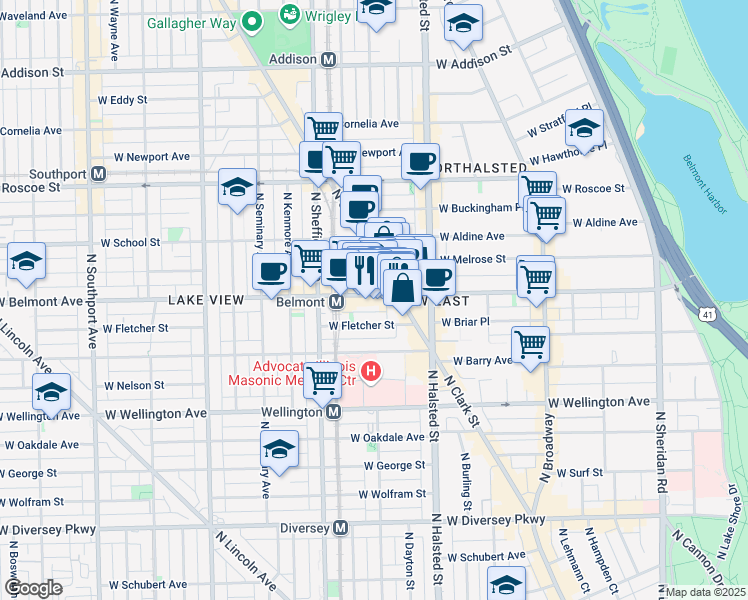 map of restaurants, bars, coffee shops, grocery stores, and more near 901 West Belmont Avenue in Chicago