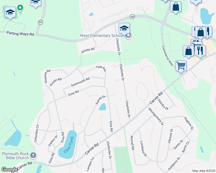 map of restaurants, bars, coffee shops, grocery stores, and more near 41 Esta Road in Plymouth