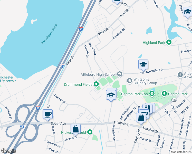 map of restaurants, bars, coffee shops, grocery stores, and more near 125 Melody Drive in Attleboro