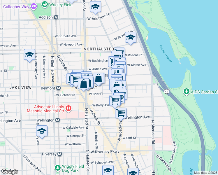 map of restaurants, bars, coffee shops, grocery stores, and more near 3165 North Orchard Street in Chicago