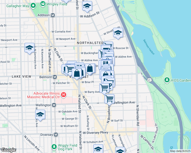 map of restaurants, bars, coffee shops, grocery stores, and more near 3165 North Orchard Street in Chicago