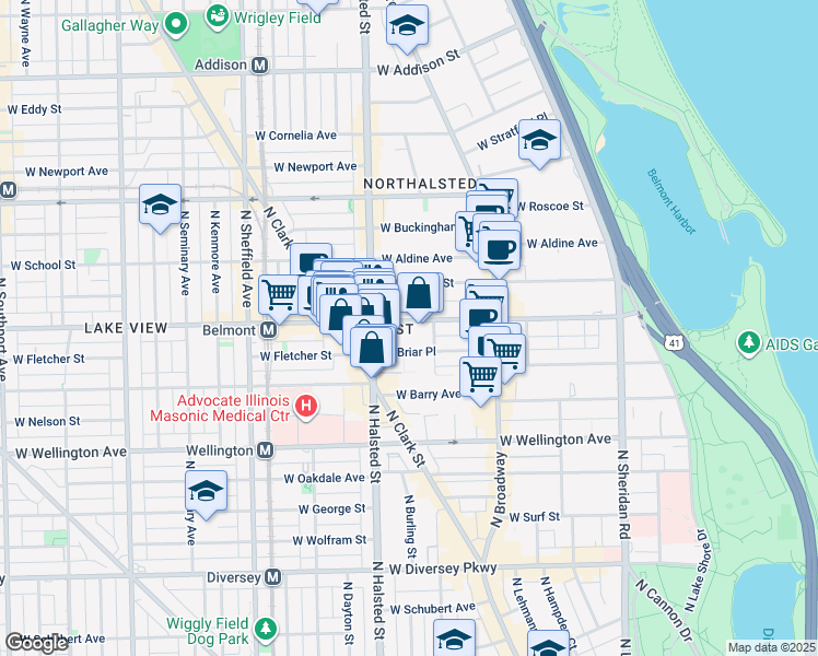 map of restaurants, bars, coffee shops, grocery stores, and more near 727 West Belmont Avenue in Chicago
