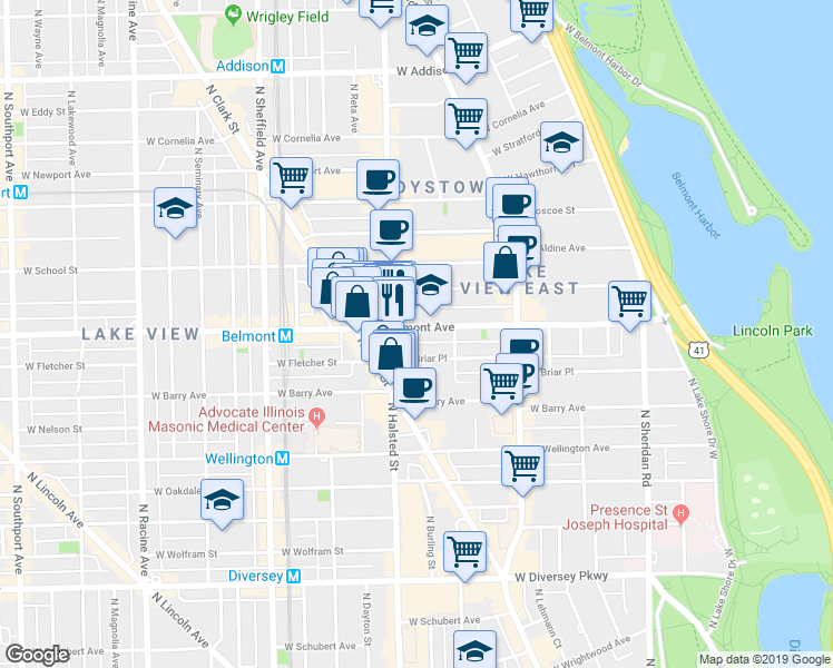 map of restaurants, bars, coffee shops, grocery stores, and more near 727 West Belmont Avenue in Chicago