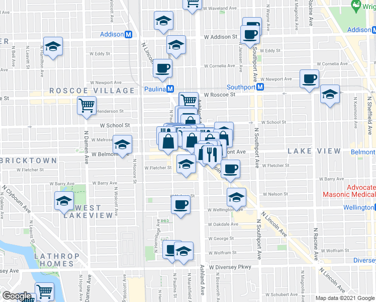 map of restaurants, bars, coffee shops, grocery stores, and more near 3213-3235 North Lincoln Avenue in Chicago